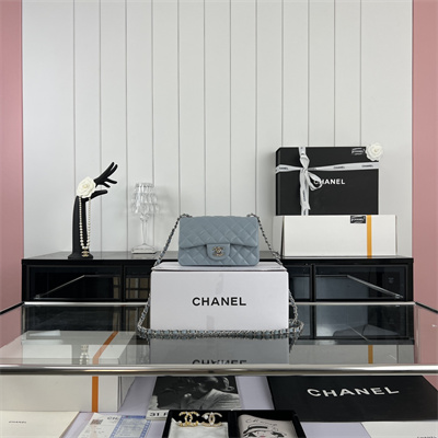 Cha.nel Mini Classic Flap Bag Grained Calfskin Silver Tone Metal Lt Blue 01116