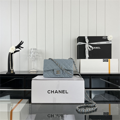 Cha.nel Mini Classic Flap Bag Grained Calfskin Silver Tone Metal Lt Blue 01116