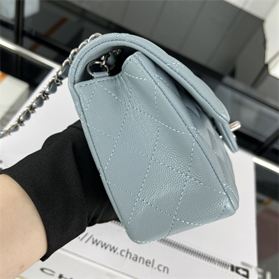 Cha.nel Mini Classic Flap Bag Grained Calfskin Silver Tone Metal Lt Blue 01116