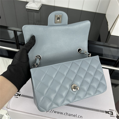 Cha.nel Mini Classic Flap Bag Grained Calfskin Silver Tone Metal Lt Blue 01116