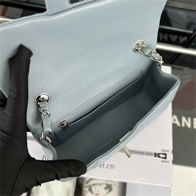 Cha.nel Mini Classic Flap Bag Grained Calfskin Silver Tone Metal Lt Blue 01116
