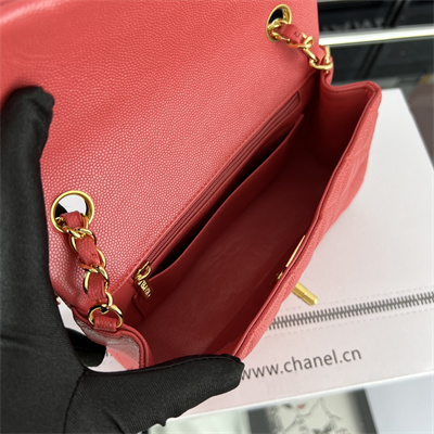 Cha.nel Mini Classic Flap Bag Grained Calfskin Gold Tone Metal Red 01116