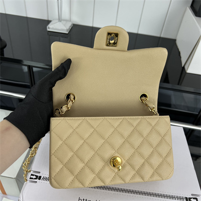 Cha.nel Mini Classic Flap Bag Grained Calfskin Gold Tone Metal Beige 01116