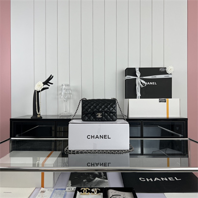 Cha.nel Mini Classic Flap Bag Lambskin Silver Tone Metal Black 01116