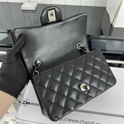 Cha.nel Mini Classic Flap Bag Lambskin Silver Tone Metal Black 01116