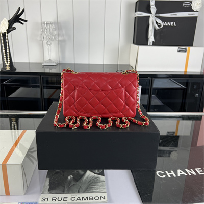 Cha.nel Mini Classic Flap Bag Lambskin Gold Tone Metal Red 01116