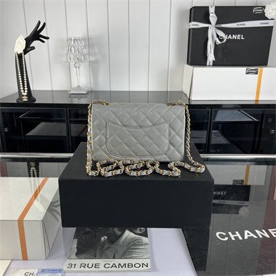 Cha.nel Mini Classic Flap Bag Lambskin Gold Tone Metal Grey 01116