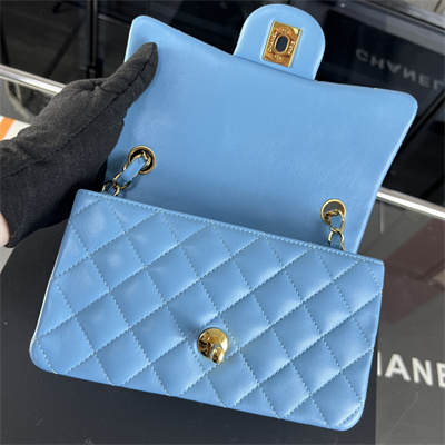 Cha.nel Mini Classic Flap Bag Lambskin Gold Tone Metal Blue 01116