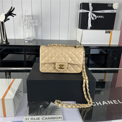 Cha.nel Mini Classic Flap Bag Lambskin Gold Tone Metal Beige 01116