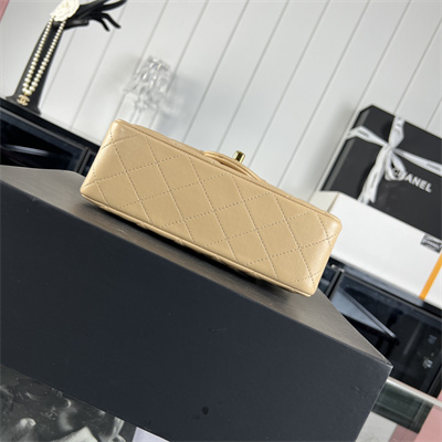 Cha.nel Mini Classic Flap Bag Lambskin Gold Tone Metal Beige 01116