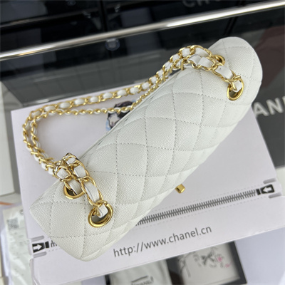 Cha.nel Small Classic Flap Bag Grained Calfskin Gold Tone Metal White 01117