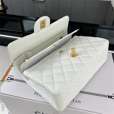 Cha.nel Small Classic Flap Bag Grained Calfskin Gold Tone Metal White 01117