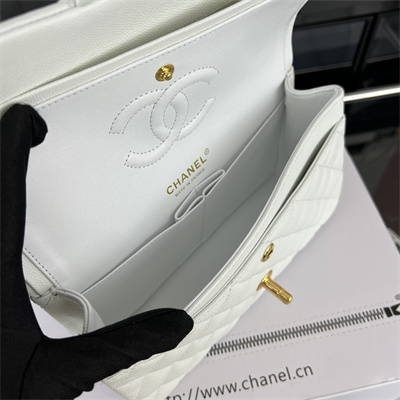 Cha.nel Small Classic Flap Bag Grained Calfskin Gold Tone Metal White 01117
