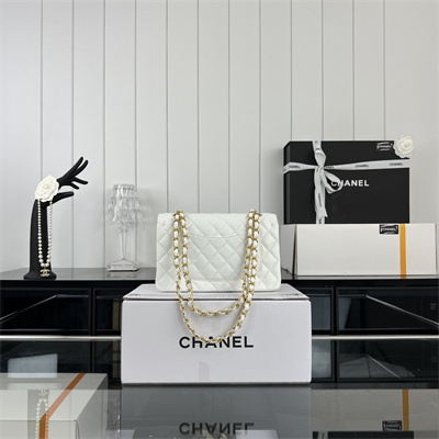 Cha.nel Small Classic Flap Bag Grained Calfskin Gold Tone Metal White 01117 (Flap Edge Stitch)