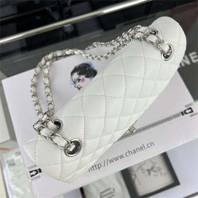 Cha.nel Small Classic Flap Bag Grained Calfskin Silver Tone Metal White 01117