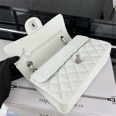 Cha.nel Small Classic Flap Bag Grained Calfskin Silver Tone Metal White 01117