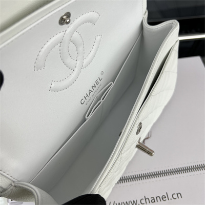 Cha.nel Small Classic Flap Bag Grained Calfskin Silver Tone Metal White 01117 (Flap Edge Stitch)
