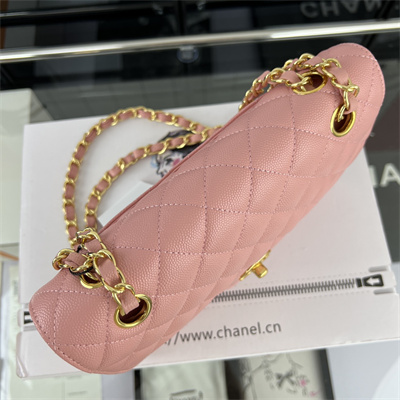 Cha.nel Small Classic Flap Bag Grained Calfskin Gold Tone Metal Pink 01117 (Flap Edge Stitch)