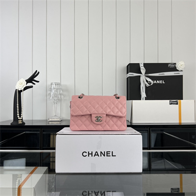 Cha.nel Small Classic Flap Bag Grained Calfskin Silver Tone Metal Pink 01117