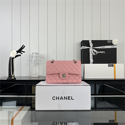 Cha.nel Small Classic Flap Bag Grained Calfskin Silver Tone Metal Pink 01117 (Flap Edge Stitch)
