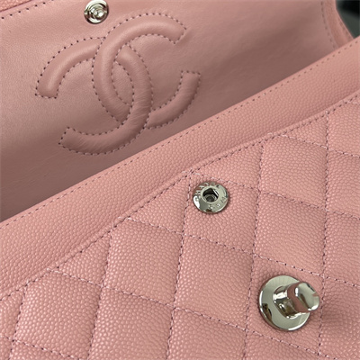 Cha.nel Small Classic Flap Bag Grained Calfskin Silver Tone Metal Pink 01117 (Flap Edge Stitch)