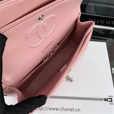 Cha.nel Small Classic Flap Bag Grained Calfskin Silver Tone Metal Pink 01117 (Flap Edge Stitch)