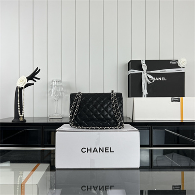 Cha.nel Small Classic Flap Bag Grained Calfskin Silver Tone Metal Black 01117 (Flap Edge Stitch)