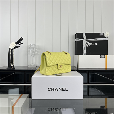 Cha.nel Small Classic Flap Bag Grained Calfskin Gold Tone Metal Yellow 01117