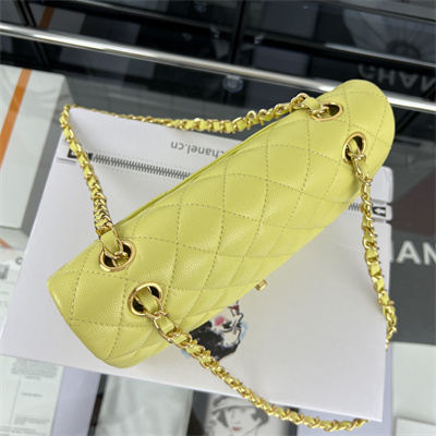 Cha.nel Small Classic Flap Bag Grained Calfskin Gold Tone Metal Yellow 01117