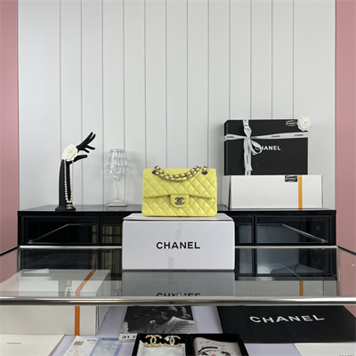 Cha.nel Small Classic Flap Bag Grained Calfskin Silver Tone Metal Yellow 01117