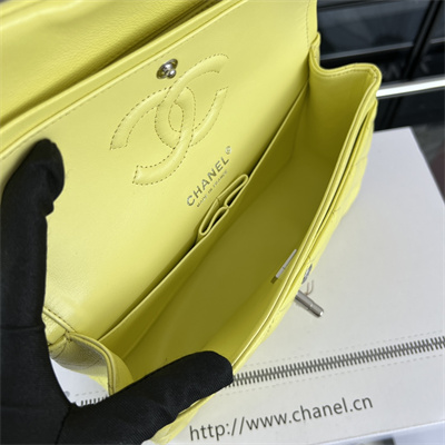 Cha.nel Small Classic Flap Bag Grained Calfskin Silver Tone Metal Yellow 01117