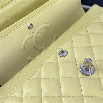 Cha.nel Small Classic Flap Bag Grained Calfskin Silver Tone Metal Yellow 01117