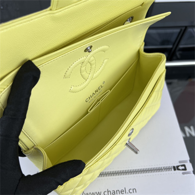 Cha.nel Small Classic Flap Bag Grained Calfskin Silver Tone Metal Yellow 01117 (Flap Edge Stitch)