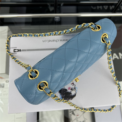 Cha.nel Small Classic Flap Bag Grained Calfskin Gold Tone Metal Blue 01117