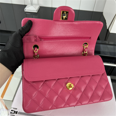 Cha.nel Small Classic Flap Bag Grained Calfskin Gold Tone Metal Fuchsia 01117