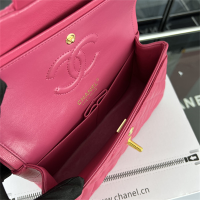 Cha.nel Small Classic Flap Bag Grained Calfskin Gold Tone Metal Fuchsia 01117