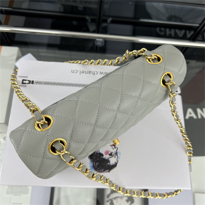 Cha.nel Small Classic Flap Bag Grained Calfskin Gold Tone Metal Grey 01117