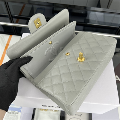 Cha.nel Small Classic Flap Bag Grained Calfskin Gold Tone Metal Grey 01117