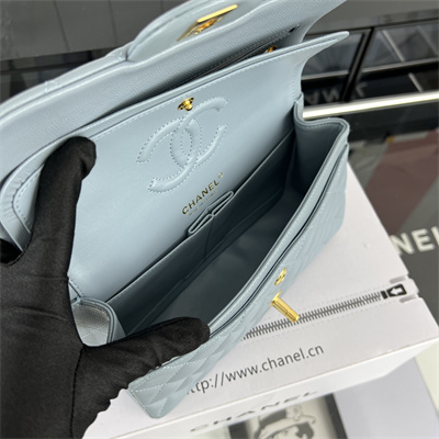 Cha.nel Small Classic Flap Bag Grained Calfskin Gold Tone Metal Lt Blue 01117