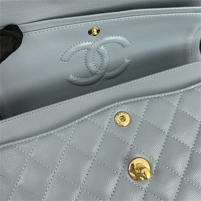 Cha.nel Small Classic Flap Bag Grained Calfskin Gold Tone Metal Lt Blue 01117