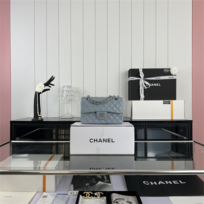 Cha.nel Small Classic Flap Bag Grained Calfskin Silver Tone Metal Lt Blue 01117