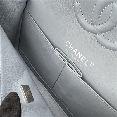 Cha.nel Small Classic Flap Bag Grained Calfskin Silver Tone Metal Lt Blue 01117