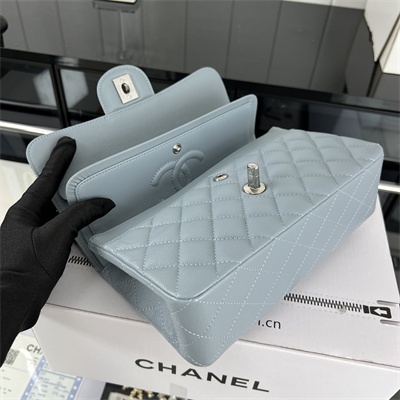 Cha.nel Small Classic Flap Bag Grained Calfskin Silver Tone Metal Lt Blue 01117 (Flap Edge Stitch)