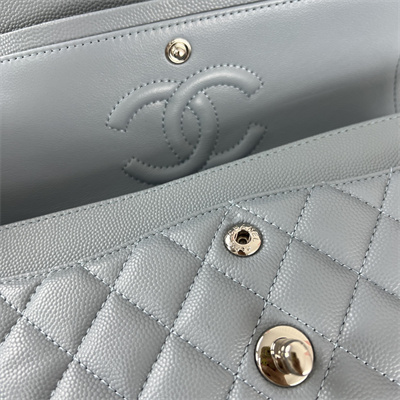 Cha.nel Small Classic Flap Bag Grained Calfskin Silver Tone Metal Lt Blue 01117 (Flap Edge Stitch)