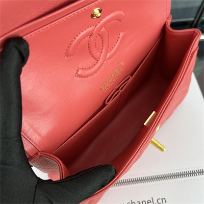 Cha.nel Small Classic Flap Bag Grained Calfskin Gold Tone Metal Red 01117