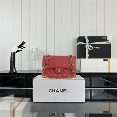 Cha.nel Small Classic Flap Bag Grained Calfskin Gold Tone Metal Red 01117 (Flap Edge Stitch)