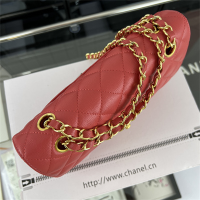 Cha.nel Small Classic Flap Bag Grained Calfskin Gold Tone Metal Red 01117 (Flap Edge Stitch)
