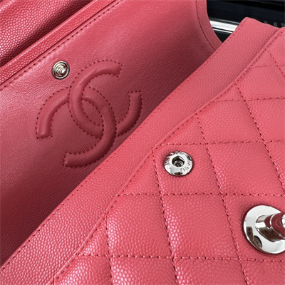 Cha.nel Small Classic Flap Bag Grained Calfskin Silver Tone Metal Red 01117