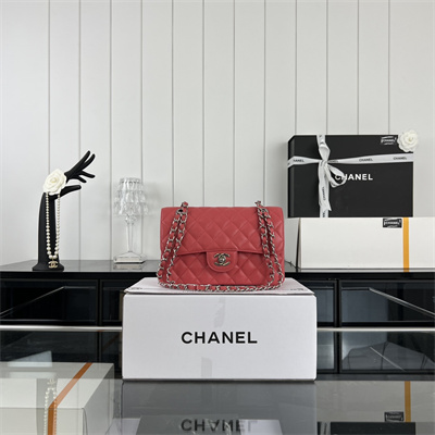 Cha.nel Small Classic Flap Bag Grained Calfskin Silver Tone Metal Red 01117 (Flap Edge Stitch)