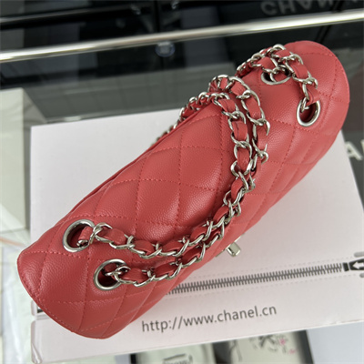 Cha.nel Small Classic Flap Bag Grained Calfskin Silver Tone Metal Red 01117 (Flap Edge Stitch)